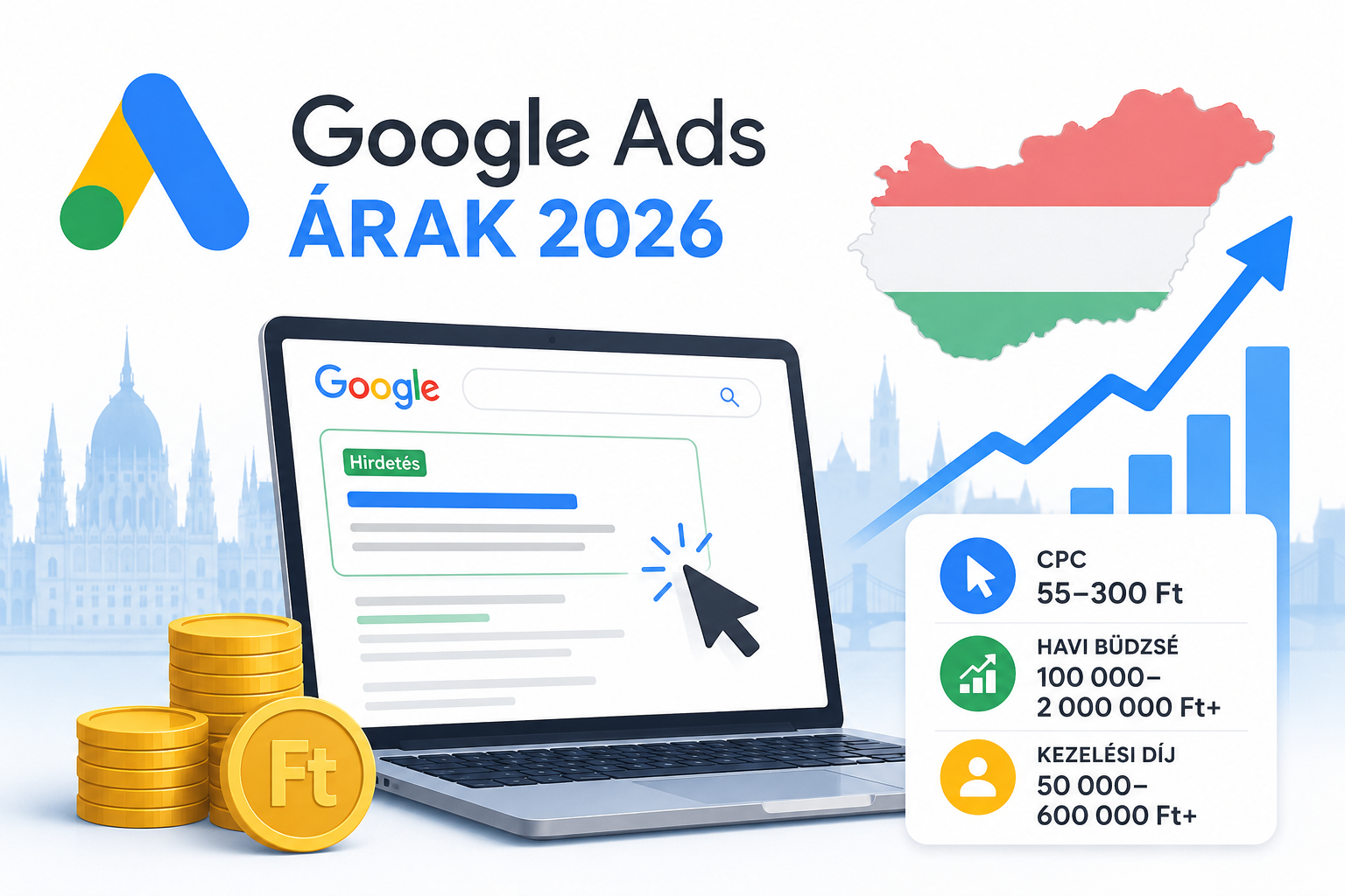 Google Ads árak 2026-ban: kattintási díjak, kampánykezelési árak és reális havi büdzsé Magyarországon